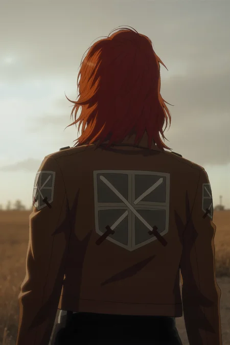 a red haired woman wearing wearing aotjck jacket turned back<lora:AOT_JACKET_FLUX>