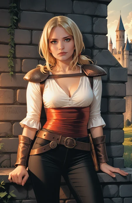 score_9, score_8_up, score_7_up, score_6_up, score_5_up, score_4_up, realistic, photoshop \(medium\), <lora:Valeria_t2-000008-128:1.0> 1girl, Valeria, blonde, large breasts, cleavage, shirt, shoulder pads, belt, pants, boots, seductive pose
, outdoors, on castle wall, medieval, sundown, rim lighting