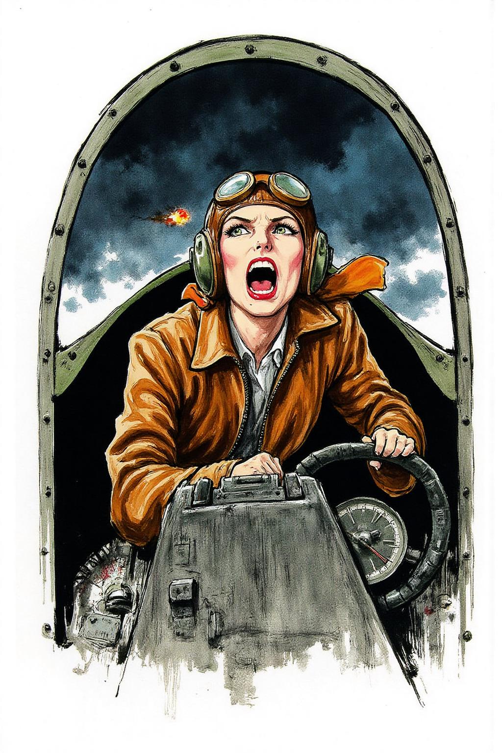 regr1 sketch A female pilot screaming inside the cockpit of a WWII bomber. The pilot, wearing a vintage leather flight helmet with goggles and a bomber jacket, grips the controls with white-knuckled hands. Her face is contorted in a mix of fear and determination as she yells, her eyes wide with adrenaline. The cockpit is cramped and filled with old-fashioned dials and gauges, with the outside view showing dark stormy clouds and distant anti-aircraft fire. 
background is stark white <lora:regr2_fashion_nocap_d6a3:1.0><lora:807703325106742784:0>