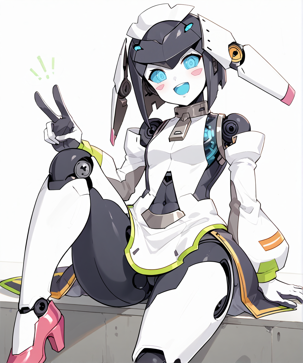 score_9,score_8_up,score_7_up,2D animation style,source_anime,anime screencap,rating_explicit,best quality,masterpiece,Japanese Anime Style,(solo),(1girl),smile,open mouth,Expressiveh,<lora:Expressive_H:0.7>,<lora:wf_dia_ponyxl:0.9>,dia (wolrd flipper),robot girl,humanoid robot,android,multicolored skin,colored sclera,blue sclera,blue eyes,colored tongue,((blue tongue)),blush sticker,headgear,joints,robot joints,white dress,detached sleeves,puffy sleeves,flat chest,zipper pull tab,covered navel,mechanical skirt,translucent,embarrass,shy,foot focus,sitting,from_below,pink shoes,robot legs,black hair,happy,