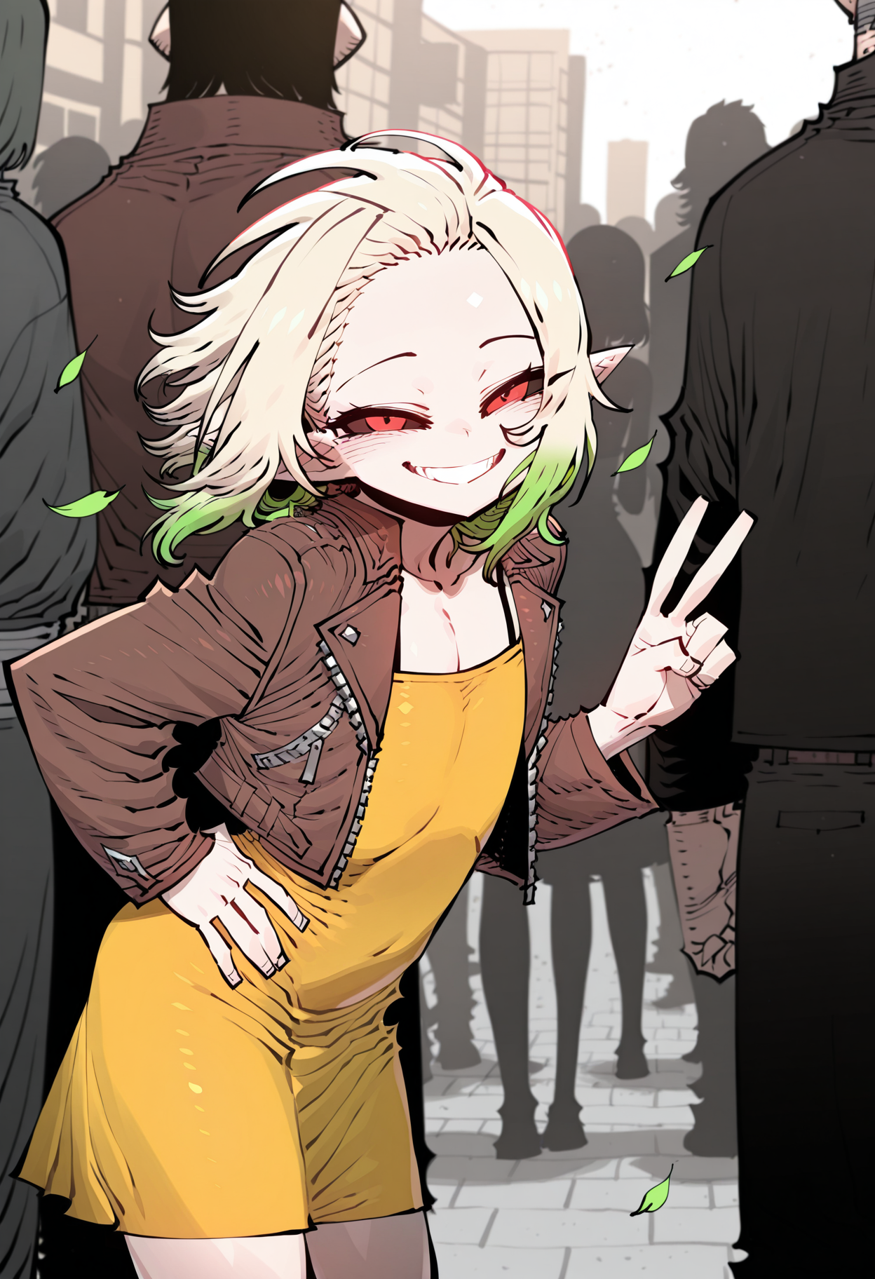 crowded street, flying leaves,
1boy, trap, flat chest, pointed ears, small eyes, (black sclera), red eyes, bob hair, ((blonde hair), green hair, gradient hair), skinny, floating hair,
cowboy shot, half closed eyes, ((leaning forward)), smile, good hands, one hand peace sign, one hand on hip, looking at viewer,
yellow dress, sundress, brown crop jacket, leather jacket, standing, side view, good hands,
<lora:SSAMBAteaIL-style:1>, ssambatea,masterpiece,best quality,amazing quality,