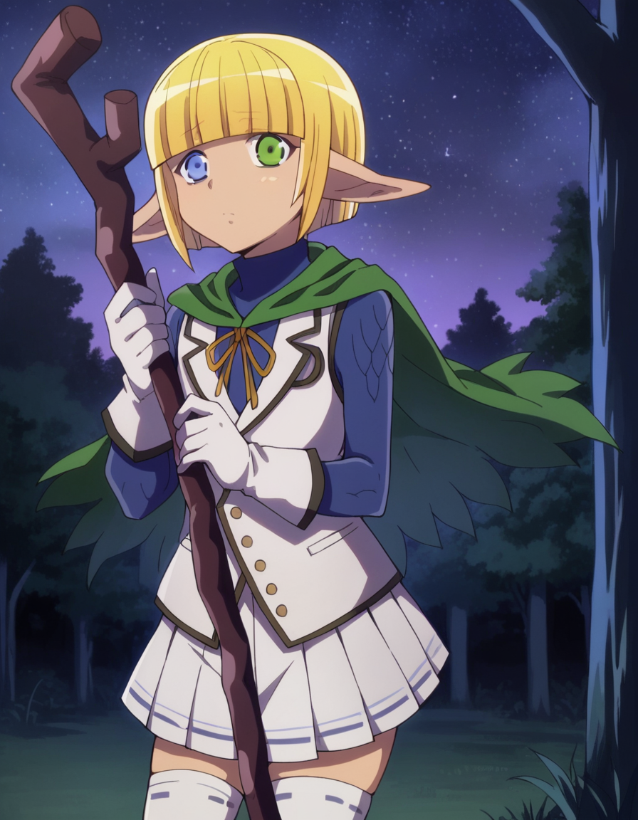 score_9, score_8_up, score_7_up, source_anime,
marebellofiora, <lora:mare-bello-fiore-ponyxl-lora-nochekaiser:1>,
mare bello fiore, short hair, bangs, blue eyes, blonde hair, green eyes, pointy ears, blunt bangs, heterochromia, elf, otoko no ko, dark elf,
skirt, thighhighs, gloves, pleated skirt, white gloves, cape, white thighhighs, zettai ryouiki, capelet, staff, crossdressing, holding staff,
outdoors, night, night sky, forest, nature,
looking at viewer,