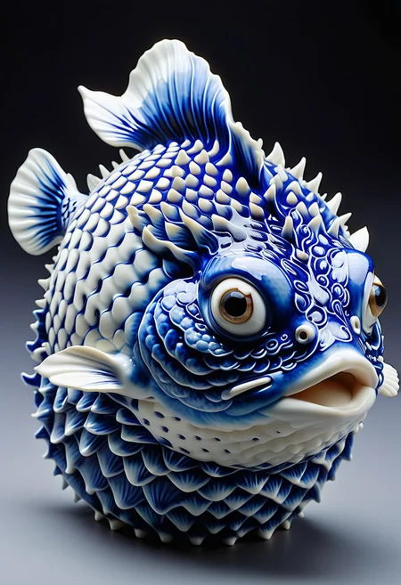 a pufferfish made out of dvrscls covered in Bluepatternporcelain