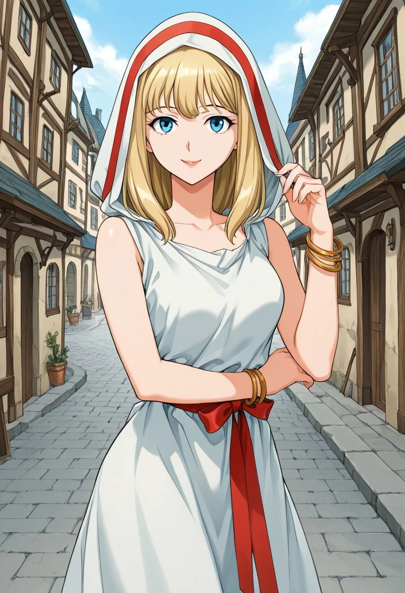 score_9,score_8_up,score_7_up,source_anime,5_figner,2d_animation,game cg,BREAK,1girl,solo,Meisia,lips,blue eyes,blonde hair,bangs,
hood,bracelet,dress,red ribbon,
medium breasts,
front view,cowboyshot,looking at viewer,
smile,
Outdoor,old,town,fantasy,
masterpiece,best qualit,ultra-detailed,illustration,an extremely delicate and beautiful,beautiful detailed eyes,unity 8k wallpaper,high resolution,anime CG,official_art,