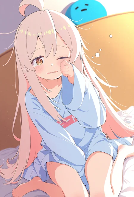 1girl,oyama mahiro,
solo,waking up,one eye closed,sitting,wariza,oversized clothes,stuffed toy,indoors,wavy mouth,long hair,very long hair,looking at viewer,barefoot,on bed,hand up,parted lips,rubbing eyes,ahoge,brown eye,bare legs,sleepy,pink hair,shirt,oversized shirt,bottomless,long sleeves,light brown hair,blush,sidelocks,messy hair,between legs,sleeves past wrists,
masterpiece,best quality,newest,highres,absurdres,<lora:Siro9_noobesp11_4-000015:1>,