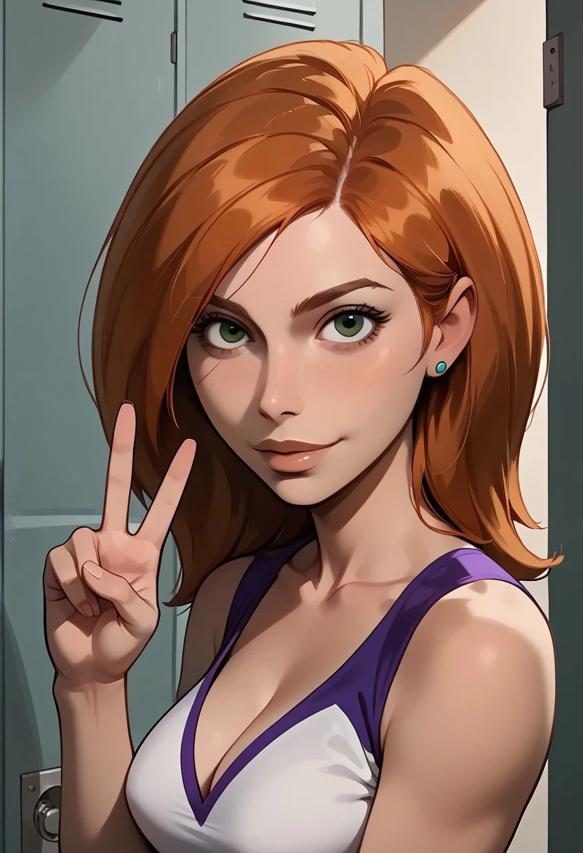 score_9, score_8, score_7, score_8_up, 1girl, bonnie and kim possible, (1petite, Kim Possible), Expressiveh, redhead, small neck, solo, freckles, (long hair, green eyes), smooth hair, medium hair, long eyelashes, collarbone, side view, jewelry, piercings, close up view, (looking at viewer), close up view, in a school, light blue lockers, cheerleader top, large breasts, cleavage, hourglass figure, small waist, large hips, smile, two fingers held up, (fingers up, peace sign),