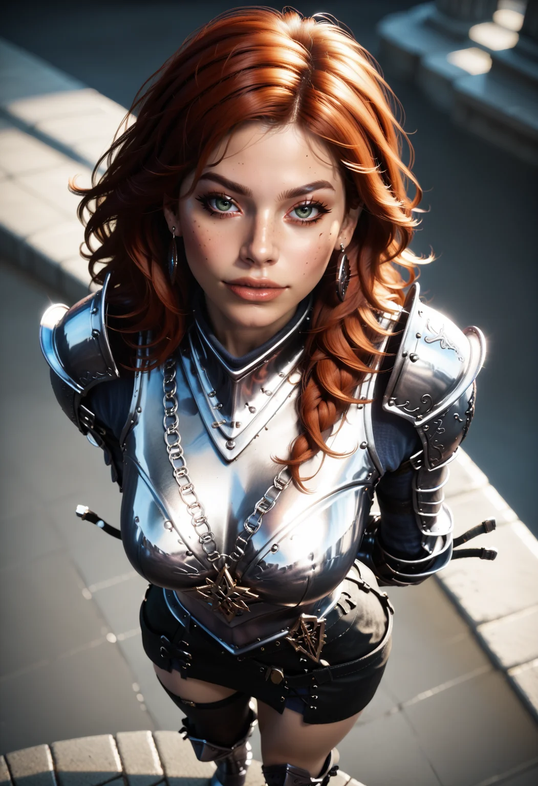 score_9, score_8_up, score_7_up, zPDXL2, zPDXLrl,
1girl, solo, d4rk4utumn, red hair, green eyes,
((d4rkkn1ght, armor, skirt, gauntlets, single thighhigh, boots, earrings)),
(blurry background, castle, depth of field), ((naughty expression, hands behind back, looking at viewer, from above, dutch angle)),
erotic, elegant, sensual, seductive, bright colors, high contrast, dark background, vivid lighting,
<lora:Dark_DarkKnight_Pony_v1.0:0.75>, <lora:Dark_Autumn_Pony_v0.1:0.5>
