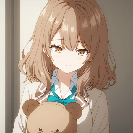 1girl, solo, <lora:Maria_Mikhailovna_Kujou_Masha:1>, best quality, brown hair, golden eyes,school uniform with a white blouse, soft smile, teddy bear, indoors