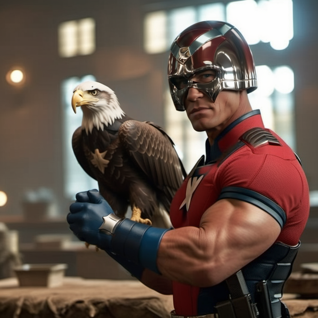 cinematic photo,Peacemaker1024 , a muscular man with helmet and a red shirt crossed arms, american flag, baldeagle, highly detailed ,ultra sharp, photograph, film, bokeh, professional, 4k, highly detailed  <lora:Peacemaker1024:0.8>
