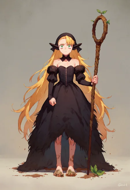 score_9_up score_8_up score_7_up, 1girl marcille lord, black headwear animal ears detached collar black dress bare shoulders detached sleeves fur trim puffy sleeves, barefoot, dirty feet, [:tears:0.5], bags under eyes, expressionless, holding staff, standing, looking at viewer
<lora:falin_marcille_pony_d16:1>