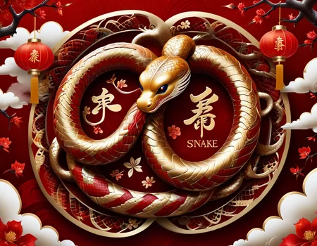 Imagine a dynamic logo for the Chinese New Year, representing the Year of the Snake. At the center, a stylized, sinuous snake in intertwined red and gold scales symbolizes luck and prosperity. The snake forms a circle, creating a sense of harmony and continuity. In the background, patterns of clouds and festive lanterns add a touch of Chinese tradition. At the bottom, in calligraphic characters, the inscription "Year of the Snake" in gold illuminates the logo. This design evokes both the wisdom and energy of the magnificent year ahead, inviting everyone to celebrate with joy and hope