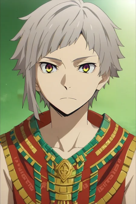 score_9, score_8_up, score_7_up, source_anime, anime screencap, , official style, looking at viewer, upper body, , 1boy, solo, male focus, <lora:atsushi_nakajima_pony:0.76>, atsushi_nakajima, grey hair, yellow eyes, multicolored eyes, purple eyes, short hair, , aztec, , <lora:sdxl_lightning_8step_lora:1>