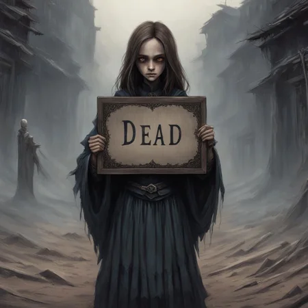 (((Ultra detailed, Megapixel))) 1girl, (((holding out a sign with a text "DEAD*LINK"))), by charlie bowater and dan mumford and trevor Brown, hands, terror, gloomy, dark, blank face, no face, wasteland background, no mouth, no eyes, long hair
