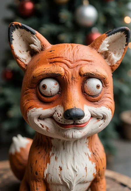 <lora:ck-old-wooden-christmas-toys-000016:1>, A high-quality, close-up photograph of a ck-owct style hand-painted wooden christmas toy featuring a stoned fox with megustaface expression