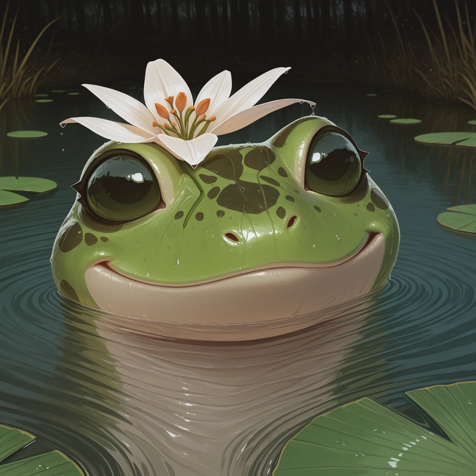 masterpiece, best quality, absurdres, highres, high quality, highly detailed,
1girl, solo, grungrace, anthro frog, spots, green skin, no humans, smile,
wet,
flower on head, lily \(flower\),
face focus, portrait,
peeking out, partially submerged, in water,
outdoors, depth of field, cinematic, lily pad, ripples,
no lineart, pixelsketcher, <lora:incase_new_style_red_ill:0.6>, <lora:bonifasko_ill:0.4>, <lora:grungrace:0.9>