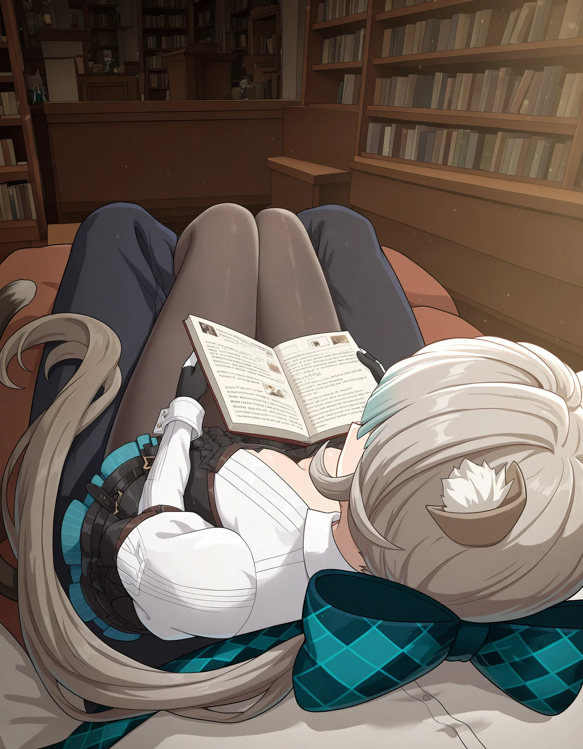 <lora:midis_PovOverShoulder_V.5[NAIXL-vPred]:1>, povovershoulder, lynette \(genshin impact\), reading at the library, cuddling, sitting on person,, masterpiece,best quality, very aesthetic,absurdres,newest,