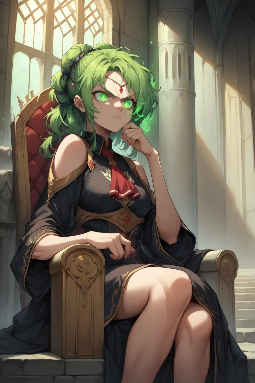 score_9, score_8_up, score_7_up, 1girl, solo, <lora:NSLArachelFE8:1> NSLArachelFE8, green eyes, green hair, circlet, hair ornament, crown, throne, sitting, black robe, castle, red ascot, closed mouth, glowing eyes, angry eyes, indoors