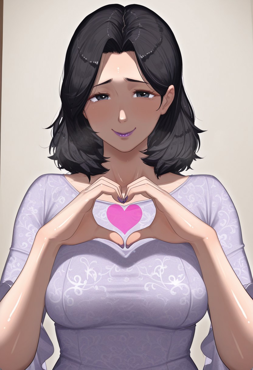 , 1girl, solo, medium build, medium hair, sfw, safe for work, covered skin, flowy dress,  black eyes, purple lipgloss, smiling, portrait, upper body, heart hands, mature female, foreshortening, detailed, newest, shiny skin, cowboy angle, solo focus, medium breasts,kikimihukuri