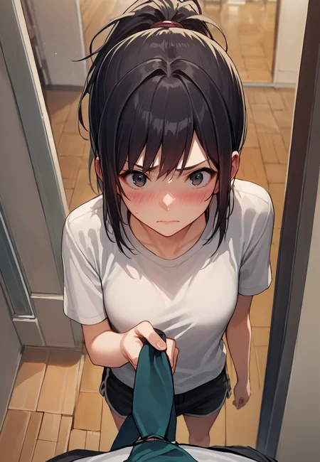 score_9, score_7_up, source_anime
1girl,  necktie grab, neckwear grab, 1boy, pov, solo focus, indoors, t-shirt, shorts,  standing, from above, ponytail, embarrassed,
 <lora:necktie_grab_xl:0.8>