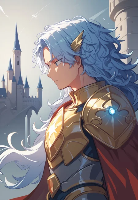 score_9, score_8_up, score_7_up, source_anime, (Omoyu Style), 1boy, dragon, castle, cowboy shot, flowing hair, windy, from side, glowing armor,
