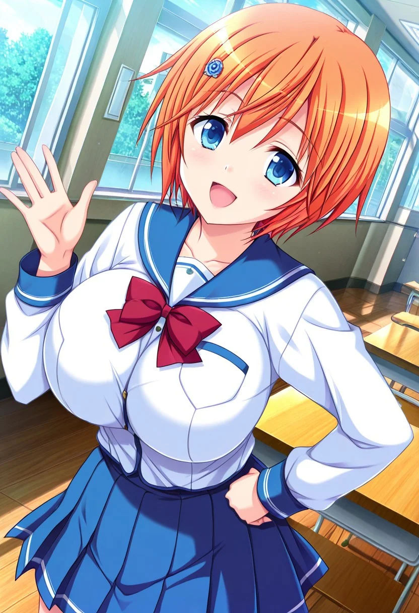 general,highres, ultra-detailed,very aesthetic,best quality ,best hands,best eyes,easynegative,
dynamic anglre, dutch angle, anime cloring,anime screencap,
1girl solo,looking at viewer,school, indoors, hand on hip,smile,open mouth, waving hand,
Ren Aibu,orange hair, short_hair, hair_ornament, blue_eyes, huge_breasts,school uniform,