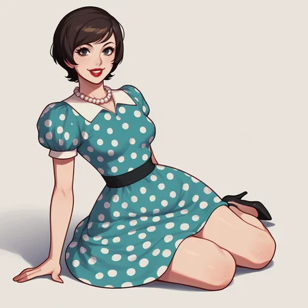 score_9, score_8_up, score_7_up, score_6_up, score_5_up, score_4_up, zPDXL2,source_anime,rating_questionable, 1girl, solo, looking at viewer, <lora:1950s_Housewife_Outfit:0.8> 50sHous3Wif3,polka dot dress, heels, pearl necklace, jewelry, makeup, short hair, lipstick, curvy, smile