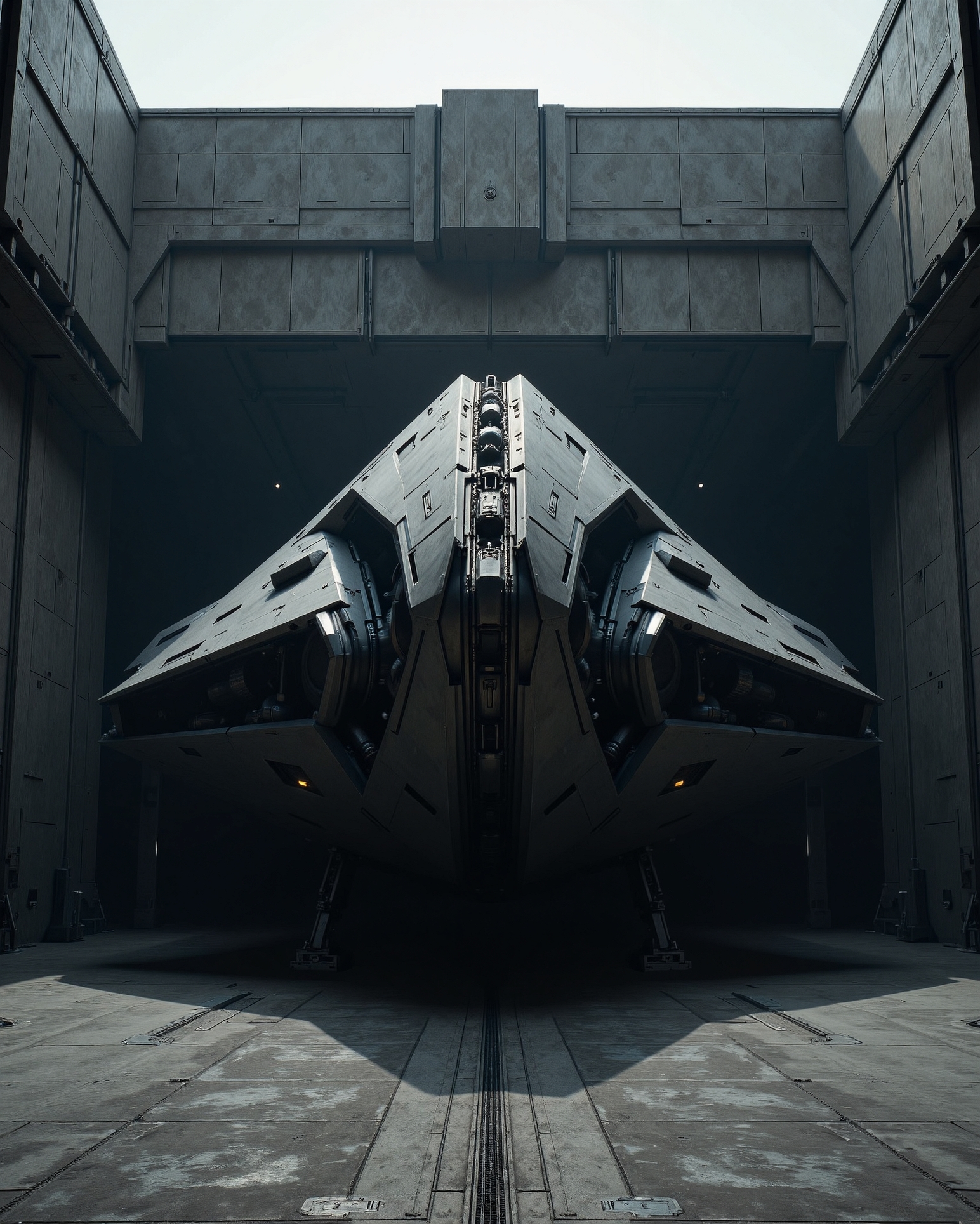 in the style of cksx, minimalist perspective, a massive geometrical shaped stealth gunmetal black ckspaceship resting in a hangar