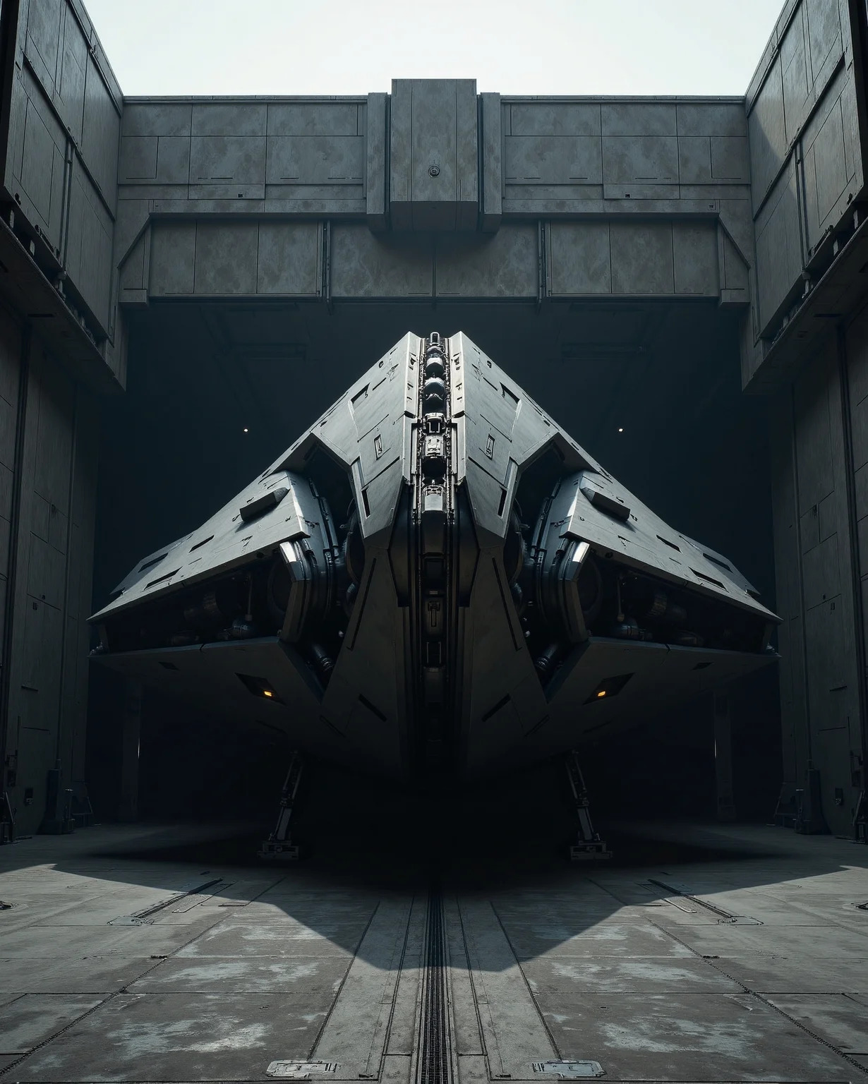 in the style of cksx, minimalist perspective, a massive geometrical shaped stealth gunmetal black ckspaceship resting in a hangar