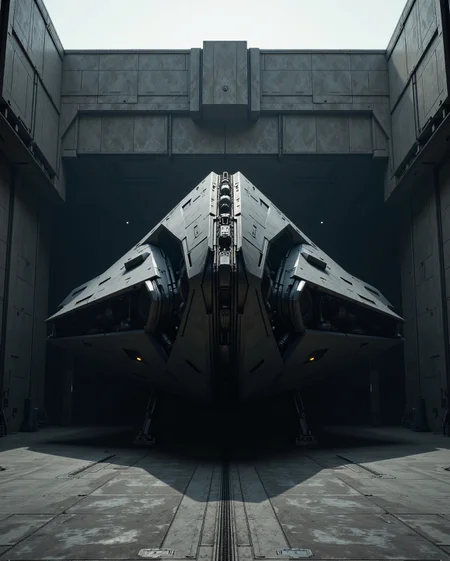 in the style of cksx, minimalist perspective, a massive geometrical shaped stealth gunmetal black ckspaceship resting in a hangar