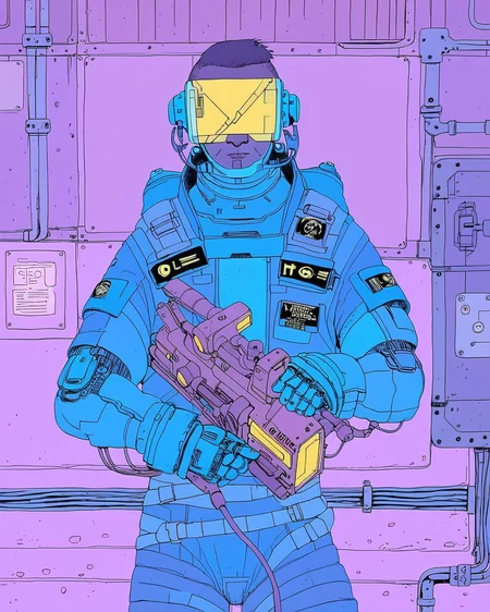 a man in a space suit holding a device, josan gonzales, ( cyberpunk ), futurepunk <lora:deathburgerxl:1>