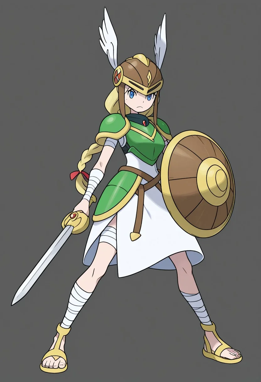 sugimorixd,
1girl, solo, braid, frown, armor, bandaged arm, bandaged leg, bandages, blonde hair, blue eyes, brown headwear, closed mouth, dress, full body, green armor, hair ribbon, helmet, holding, holding shield, holding sword, holding weapon, legs apart, long hair, looking at viewer, red ribbon, ribbon, sandals, shield, shoulder armor, single braid, split mouth, standing, sword, valkyrie, weapon, white dress, winged helmet, yellow footwear
