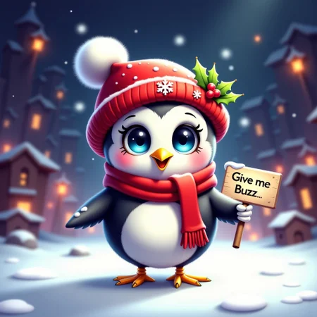 bo-christmas, christmas mood, a digital illustration in a whimsical, cartoonish style, it depicts a small, cute skeleton standing on a snow-covered ground, the skeleton has a fluffy, white body with black patches on its face and belly, and its large, expressive blue eyes are framed by thick, dark eyelashes, its beak is small and yellow, and it wears a red beret with a pom-pom on top, adorned with a white snowflake and a sprig of holly, the beret is wrapped in a red scarf, and the scarf is tied around its neck, the background is a gradient of dark blue and purple, with bokeh lights in the distance, creating a soft, dreamy atmosphere, the snowflakes gently fall, adding a touch of winter wonderland to the scene, the texture of the snow is soft and fluffy, with a slight sheen, enhancing the ethereal quality of the illustration, the overall color palette is warm and inviting, with soft, muted tones that enhance the cozy, festive atmosphere, high quality, ultra detailed, colorful, abstract, fantasy.<lora:Flux\boFLUX Christmas Dreams.safetensors:1.0:1.0> ((((holding a sign that says, "Give me Buzz"))))