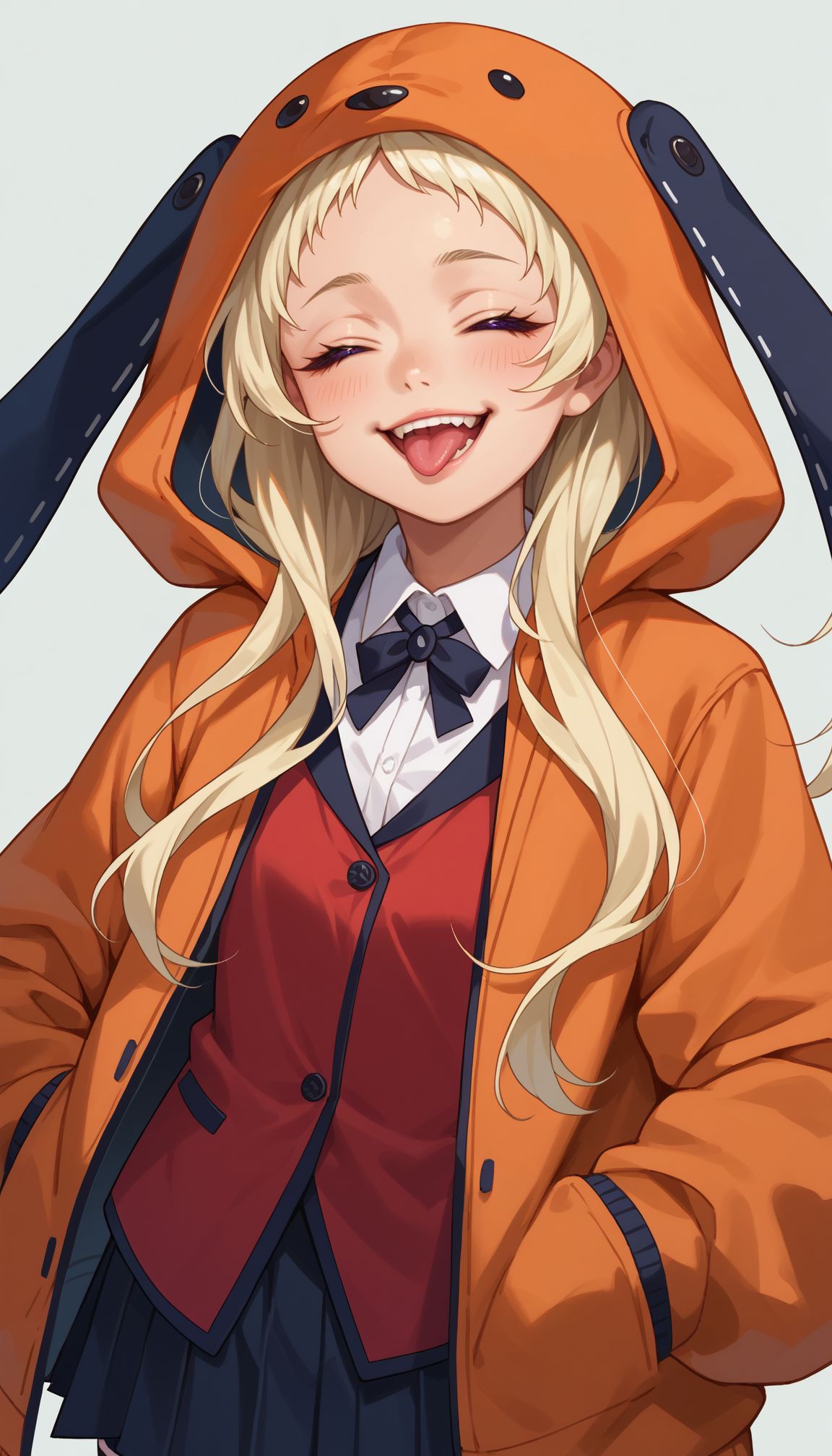 score_9, score_8_up, score_7_up, score_6_up, score_5_up, score_4_up,
1girl, solo, standing, upper body, smile, open mouth, tongue, teeth,^ ^, closed eyes, arms at sides, facing viewer   <lora:Runa new 2:0.8> Runa, blonde hair, purple eyes, orange hooded jacket, white shirt, animal hood, red blazer , pleated skirt, striped thighhighs