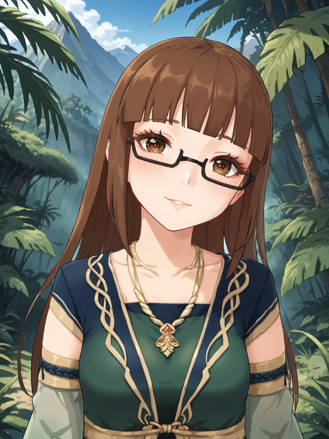 score_9, score_8_up, score_7_up, source_anime, BREAK
<lora:age_slider_v4:0>, (detailed eyes, detailed face, beautiful eyes, long eyelashes, thick eyelashes:1.5), (outdoors, jungle, forest, mountains, blue sky:1.5), (upper body, portrait, closeup:2.5), looking up at viewer, (facing viewer, facing forward, shy, embarrassed:1.5), pov, smile,(tilting head, head tilt:1.6), parted lips, BREAK
<lora:Genshin_NPC_Alrani_Pony_v1:0.8>, galrani, brown hair, brown eyes, blunt bangs, long hair, jewelry, necklace, bridal gauntlets, semi-rimless eyewear, green dress, long dress, black-framed eyewear, under-rim eyewear, green dress, (detached sleeves, long sleeves, wide sleeves:1.5),