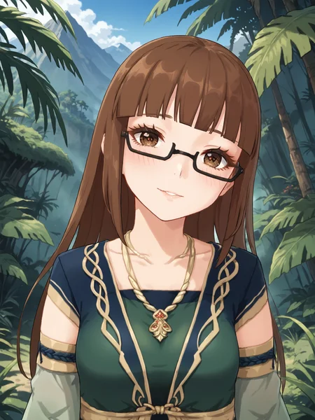 score_9, score_8_up, score_7_up, source_anime, BREAK
<lora:age_slider_v4:0>, (detailed eyes, detailed face, beautiful eyes, long eyelashes, thick eyelashes:1.5), (outdoors, jungle, forest, mountains, blue sky:1.5), (upper body, portrait, closeup:2.5), looking up at viewer, (facing viewer, facing forward, shy, embarrassed:1.5), pov, smile,(tilting head, head tilt:1.6), parted lips, BREAK
<lora:Genshin_NPC_Alrani_Pony_v1:0.8>, galrani, brown hair, brown eyes, blunt bangs, long hair, jewelry, necklace, bridal gauntlets, semi-rimless eyewear, green dress, long dress, black-framed eyewear, under-rim eyewear, green dress, (detached sleeves, long sleeves, wide sleeves:1.5),
