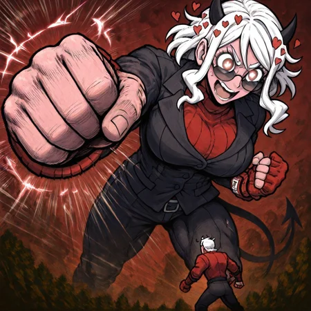 masterpiece, best quality, newest, absurdres, highres, anime, anime style, OPMSP-V1.1, punching, incoming punch, incoming attack, clenched hand, 1boy, helltaker (helltaker), black hair, short hair, muscular, muscular male, sunglasses, glasses, BREAK 1girl, modeus (helltaker), white hair, horns, hearts, symbol shaped pupils, battle, size difference, giant,