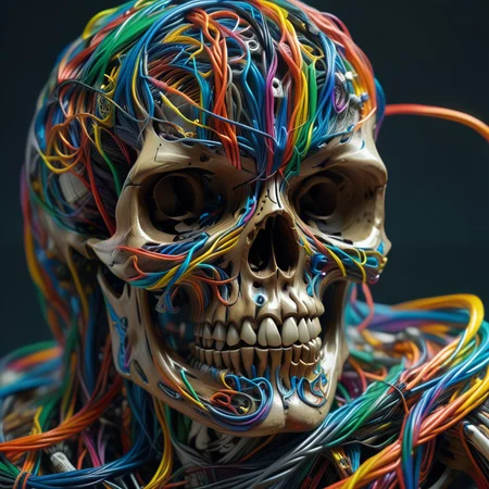 score_9, score_8_up, score_7_up, score_6_up, score_5_up, score_4_up, raw photo, photorealistic, <lora:extremely_detailed:0.25> extremely detailed,<lora:add-detail-xl:0.25>, <lora:detailed_notrigger:0.25>, <lora:MJ52:0.25> realistic, photography, <lora:sinfully_stylish_SDKL:0.25>, <lora:stvmccrr:0.25> Photography, stvmccrr style, stvmccrr, <lora:xl_more_art-full_v1:0.25>, <lora:SDXLFaeTastic2400:0.25>,
macro shot, 3/4 view,
a skull, made of caes, <lora:ColourfulCableStyle:1> Jed-Cable