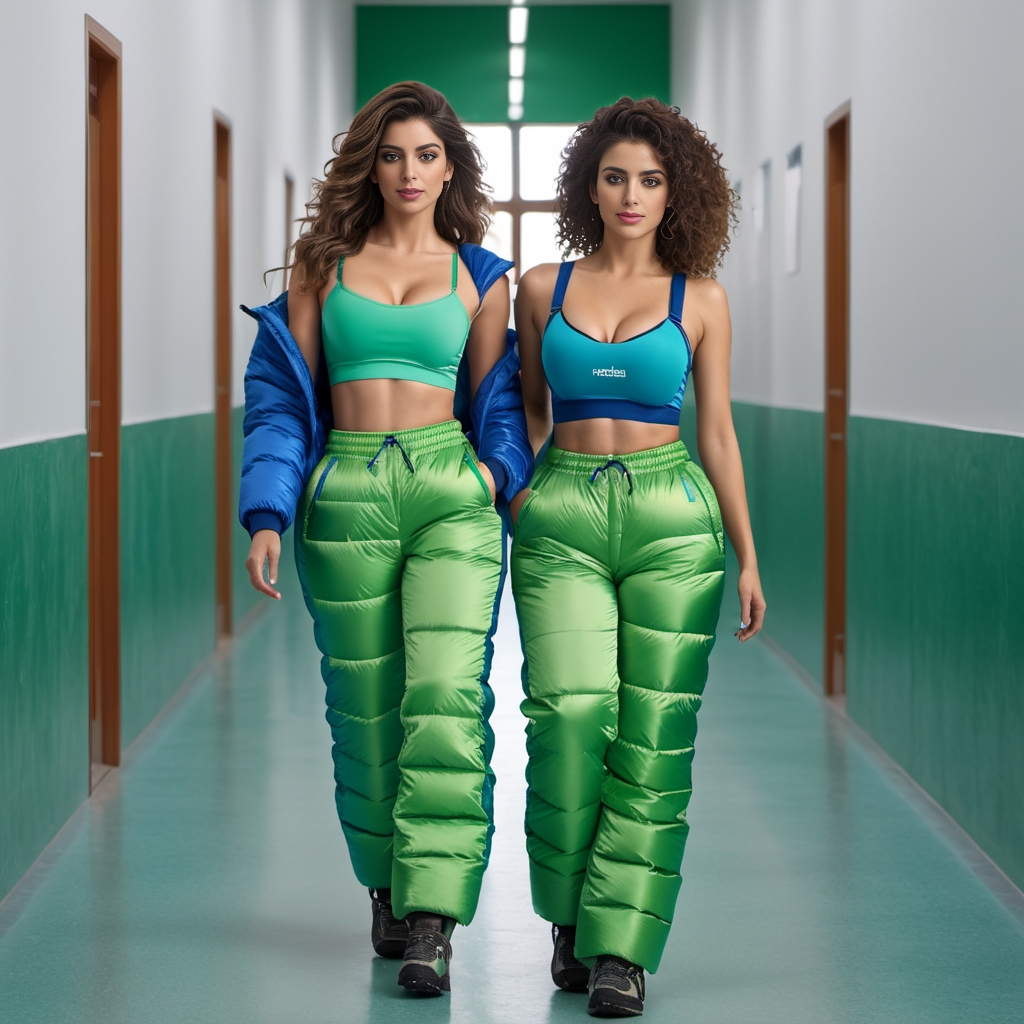 two spanish women ,unique, wearing a green and blue   puffer snowpants,bra unique hair styles, 8k uhd, dslr, high quality, photorealistic, realism, hyperrealism, school corridor scene
 <lora:snowpants_v1-000003:0.7>