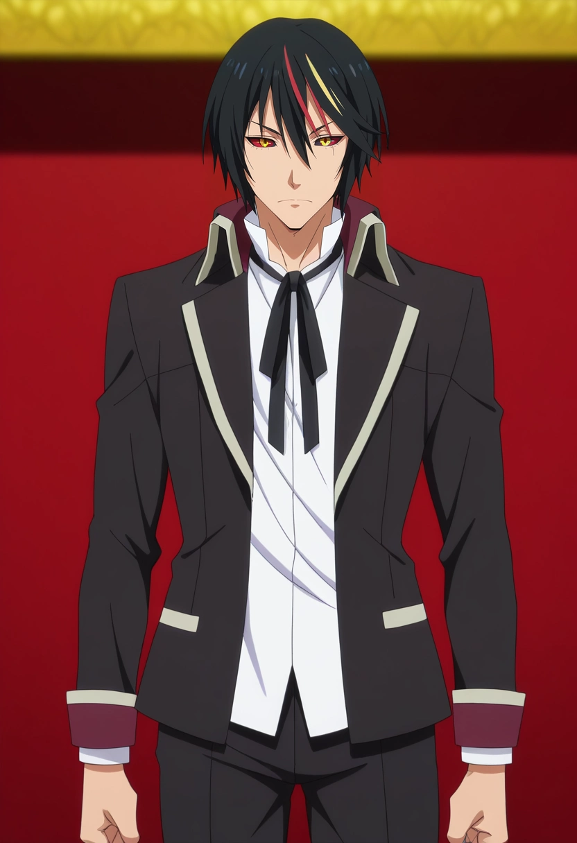 masterpiece, best quality, intricate details, anime screencap, anime coloring, , looking at viewer, 1boy, solo, male focus, <lora:diablo_tensura_ilxl:0.9>, diablo_tensura, black hair, yellow eyes, multicolored hair, streaked hair, red hair, hair between eyes, colored sclera, black jacket, black ribbon, white shirt, black pants,