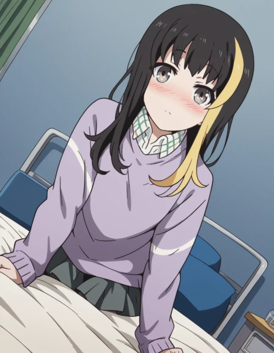 score_9, score_8_up, score_7_up, source_anime, tsubakiandou, <lora:tsubaki-andou-s1-ponyxl-lora-nochekaiser:1>, tsubaki andou, long hair, blonde hair, black hair, multicolored hair, streaked hair, grey eyes,, skirt, shirt, pantyhose, collared shirt, sweater,, indoors, bed, bed room, on side, blush, drunk, looking at viewer, solo, cowboy shot, dutch angle