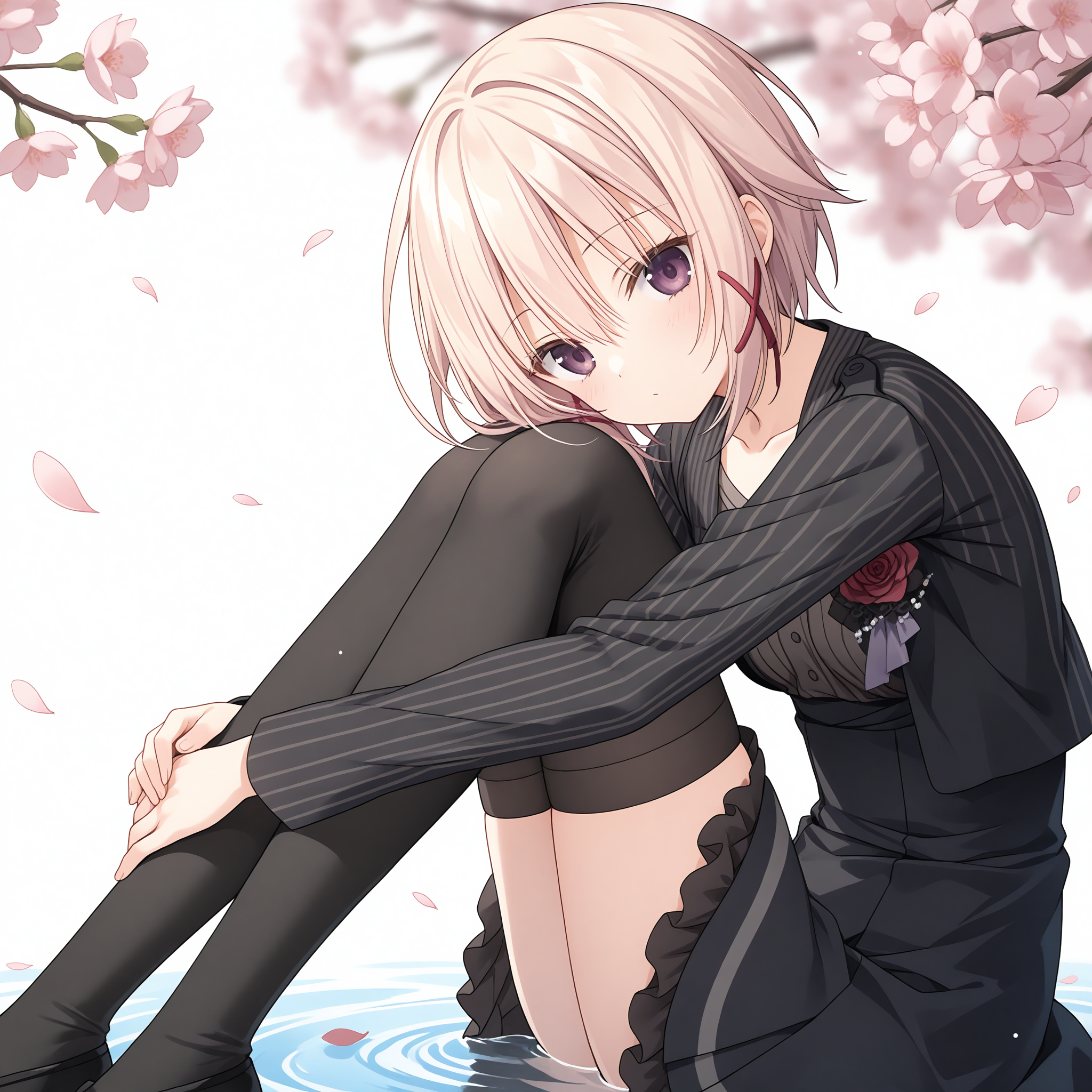 <lora:Natsume_Shizuku_1_nai-000047:1>,Natsume Shizuku,
official outfit,collarbone,red rose,vertical-striped clothes,black jacket,black shirt,striped shirt,long sleeves,miniskirt,frilled skirt,black skirt,high-waist skirt,black thighhighs,flower on chest,
1girl,solo,cherry blossoms,wind,falling petals,from side,looking at viewer,sitting on liquid,hugging own legs,depth of field,lens_flare,simple background,head on knees,face_focus,