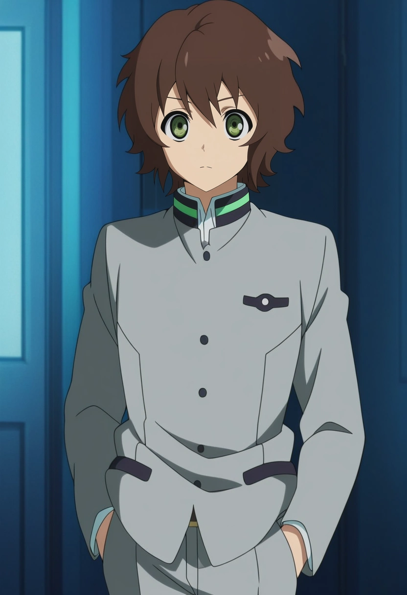 masterpiece, best quality, anime screencap, official style, anime coloring, cowboy shot, 1boy, solo, male focus, <lora:yoichi_saotome_ilxl:0.9>, yoichi_saotome, brown hair, green eyes, short hair, grey jacket, school uniform,