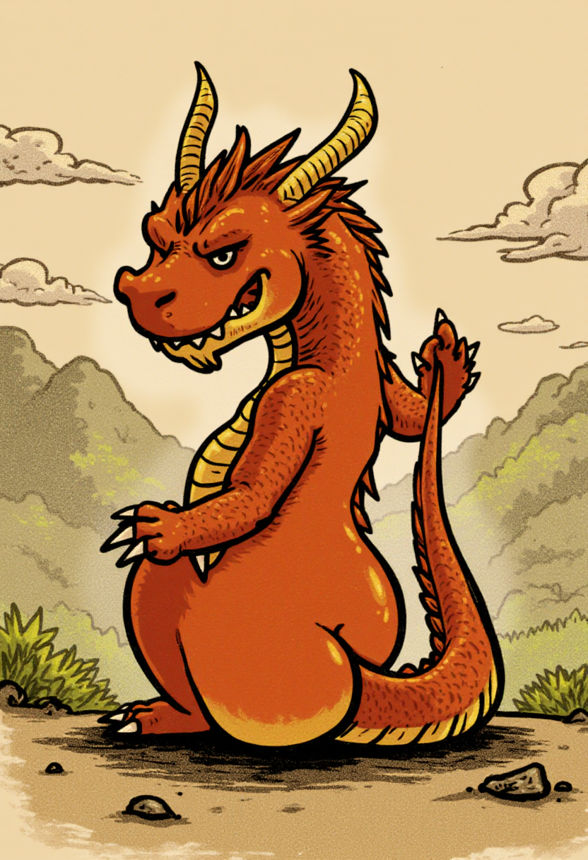 <lora:Butt_Stuff_FLUX-000018:0.9> 
Cartoon illustration of a dragon viewed from behind, with a pair of cartoonishly large, round buttocks. Feudal China background