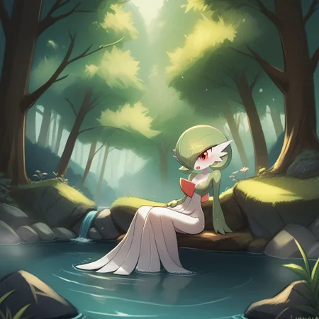 score_9, score_8_up, score_7_up, score_6_up, score_5_up, score_4_up, cartoon style,
luminekoStyle,
cartoony style,
1 girl, gardevoir, green_hair, green_skin, hair_over_one_eye,
forest, river, bathing,