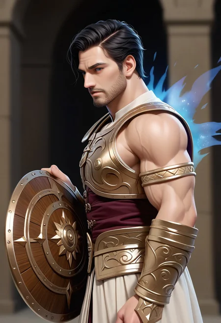 score_9, score_8_up, score_7_up, score_6_up, 1boy, male, muscular, (view from side:2), Ullai, the towering and powerful cleric of Ao, stands with an aura of cosmic might, his piercing sapphire eyes radiating divine authority. His black hair, styled militarily, and a neatly trimmed beard complement his imposing presence. Draped in a pristine white tunic adorned with a blue stole, the sacred colors of Ao, he wears a gleaming silver full-plate armor engraved with intricate Viking-style designs. His large, round shield bears the Auryn symbol, shining with divine protection. Surrounding him is a swirling, ethereal aura of blue and white, channeling the justice and healing powers of Ao. In his hand, he wields a massive radiant mace, glowing with a holy brilliance, ready to crush evil under its weight. Ullai embodies the divine might of his god, a beacon of justice and healing on the battlefield