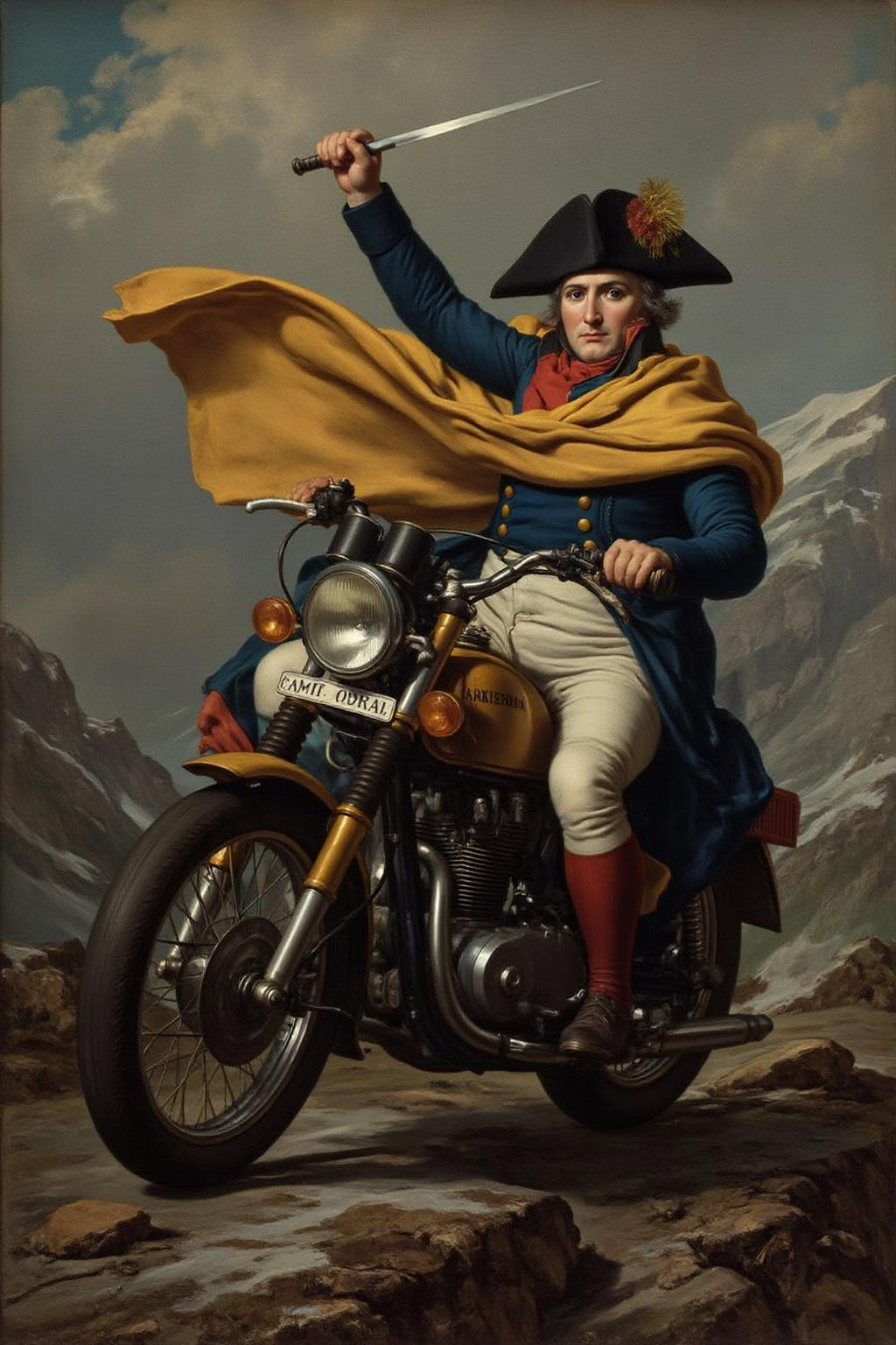 jldavid1 painting
Napoleon Bonaparte, crossing the alps in a motorcycle in a dramatic, dynamic pose. Napoleon is dressed in a military uniform with a blue coat, white trousers, and a yellow coat draped over his shoulder, which billows behind him, creating a sense of movement. He is holding a baton in his right hand, raised and pointing forward, and a sword in his left hand, sheathed. His face is stern and focused, with a determined expression. <lora:jldavid1_cap_d6a3:1.0><lora:815778391904115635:0>