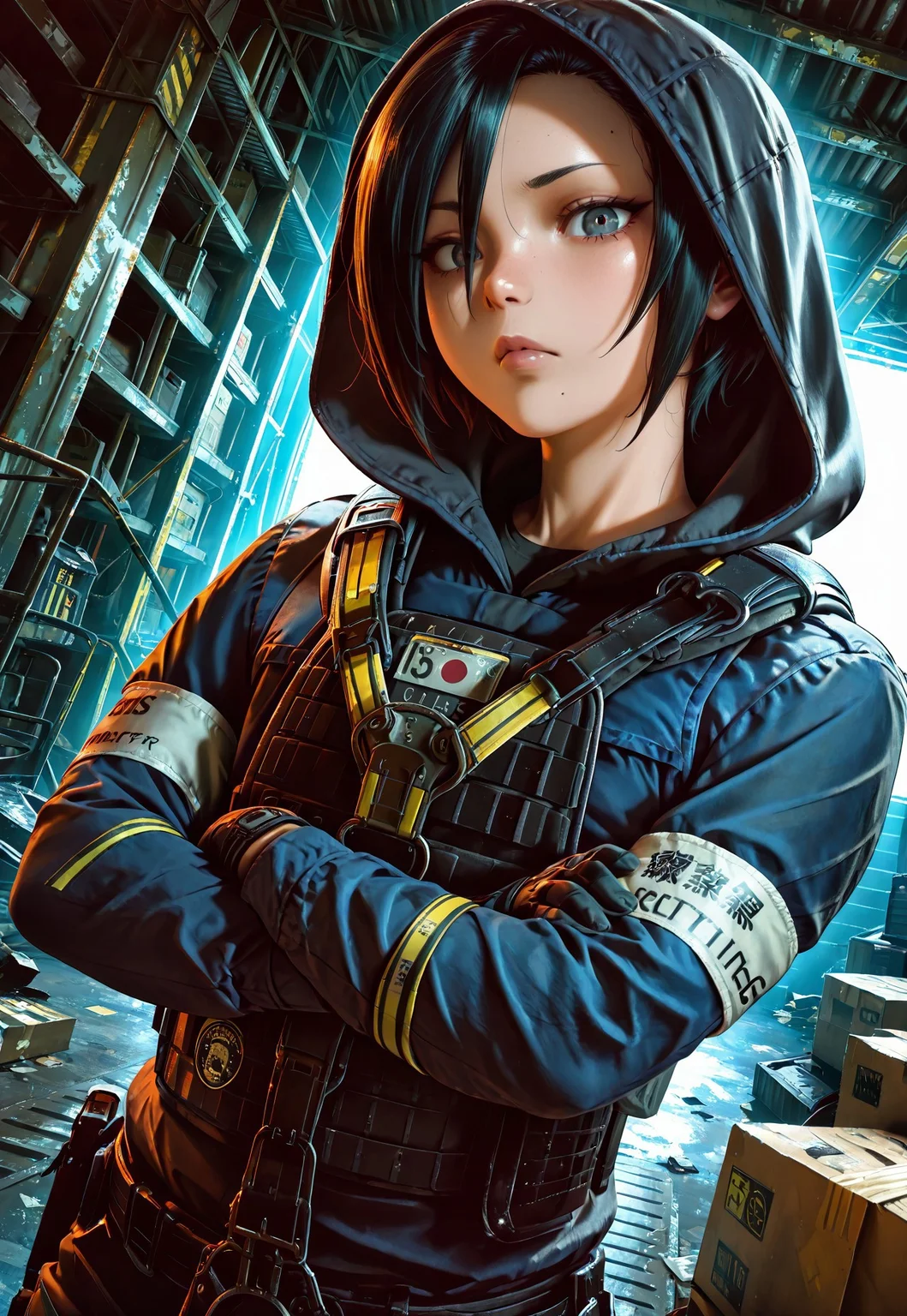 lazypos, masterpiece, best quality, dynamic angle, 1girl, solo, hibanar6s, black hair, short hair, hoodie, bulletproof vest, chest harness, arm band, arms crossed, looking at viewer, warehouse, detailed scenery