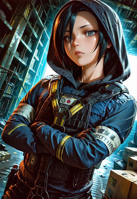 lazypos, masterpiece, best quality, dynamic angle, 1girl, solo, hibanar6s, black hair, short hair, hoodie, bulletproof vest, chest harness, arm band, arms crossed, looking at viewer, warehouse, detailed scenery