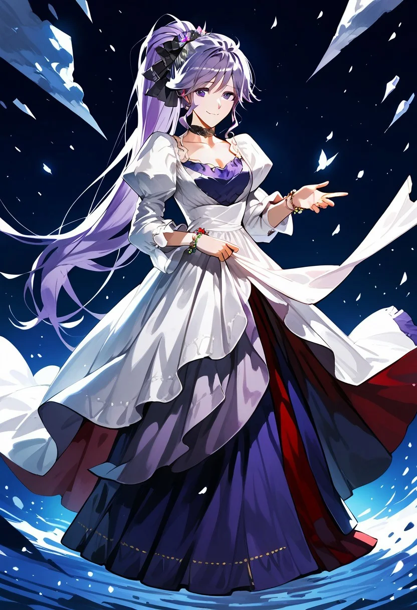 score_9_up, score_8_up, score_7_up, extreamly detailed, beautiful detailed face, complex detailed background, completely clothes, BREAK,
ISHTAR (FIRE EMBLEM), ISHTAR THUNDER'S WALTZ,
1girl, solo, long hair, breasts, looking at viewer, smile, bangs, hair ornament, long sleeves, dress, holding, jewelry, medium breasts, closed mouth, standing, purple eyes, collarbone, full body, ponytail, purple hair, choker, puffy sleeves, shiny, shiny hair, bracelet, skirt hold, long dress