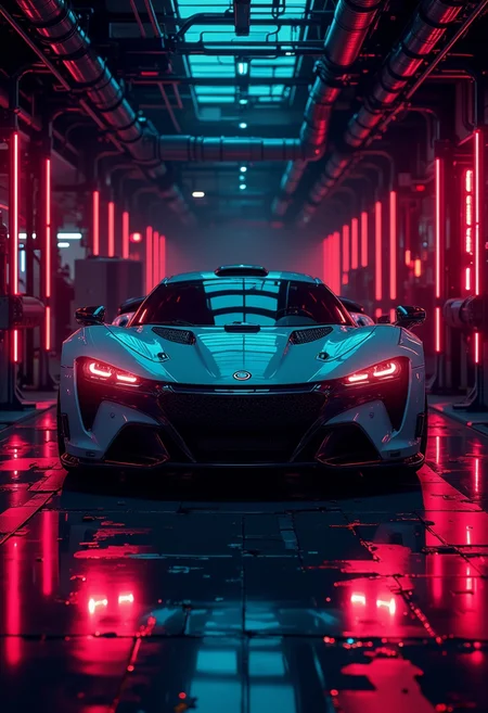<lora:ck-nc-pastel-cyberpunk:1.2>, A digital artwork in the style of cknc, sleek futuristic car from front in a dark showroom. scene is only illuminated by the red diodes and LED front lights.